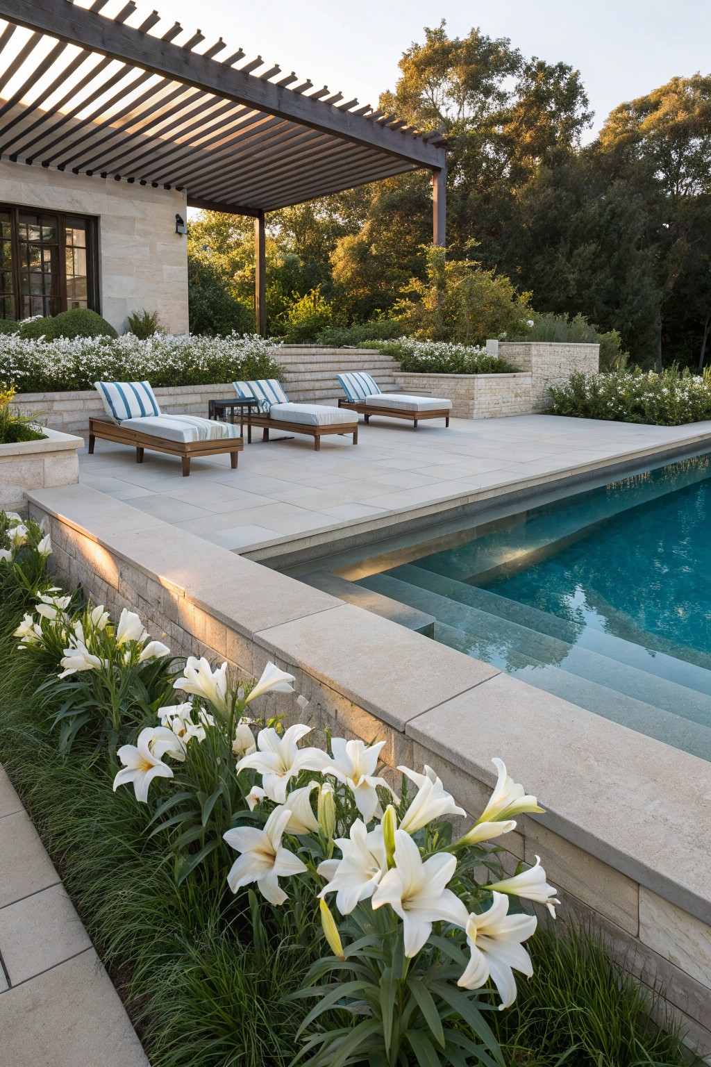 Stone terrace with striped lounge chairs and a small table next to an infinity-edge pool, bordered by white lilies along the wall, under a wooden pergola beside a beige stone house with trees and shrubs in the background.