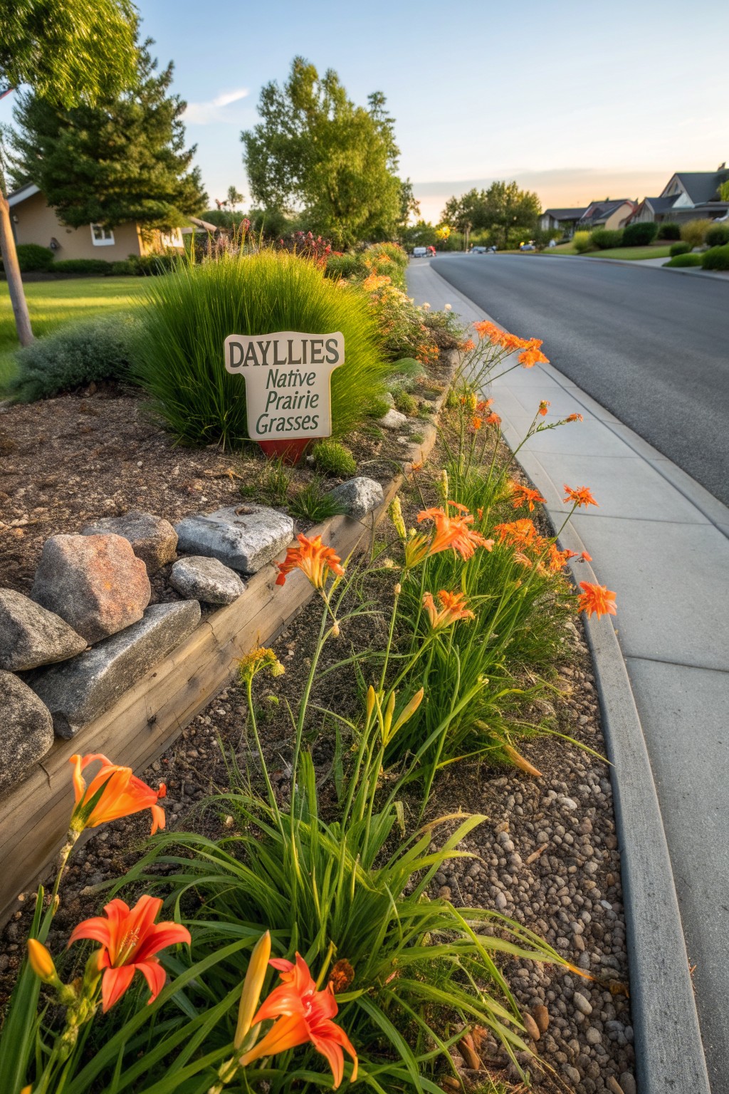 Garden bed along a sidewalk edge with orange daylily flowers, green prairie grasses, a sign reading 