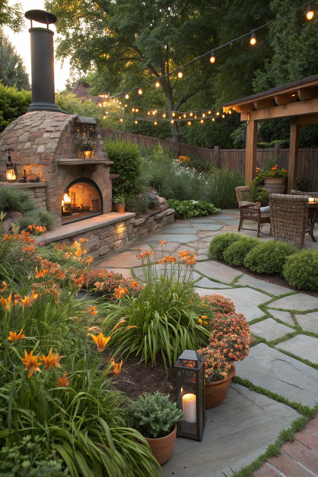 Stone pathway edged with orange daylilies leading from a lit stone outdoor oven to wicker chairs and table under a wooden pergola in a backyard garden with string lights and greenery.