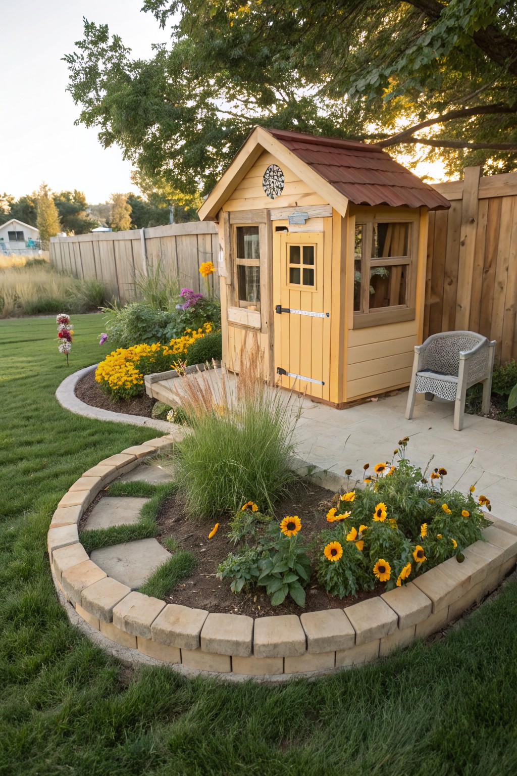 Small yellow wooden playhouse with red metal roof next to a curved stone retaining wall garden bed filled with sunflowers, marigolds, and ornamental grasses in a grassy backyard enclosed by a wooden fence.