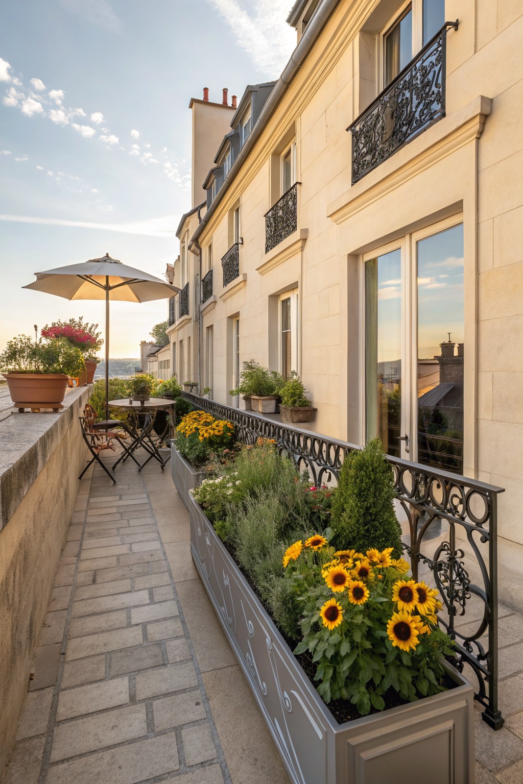 Narrow stone-paved balcony walkway on a beige stone building, lined with a long gray trough planter filled with sunflowers, herbs, and trailing plants, wrought iron railing, small table and chairs under a white umbrella, potted plants nearby.