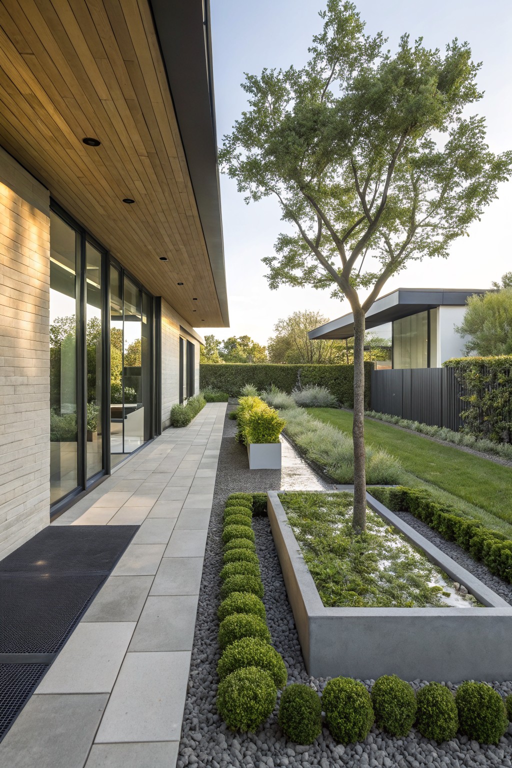 Modern house exterior with brick walls, wood ceiling overhang, and glass sliding doors alongside a stone pathway bordered by spherical boxwood shrubs, gravel mulch, and a central rectangular concrete planter holding a tree, plants, and shallow water, with lawn and hedges beyond.