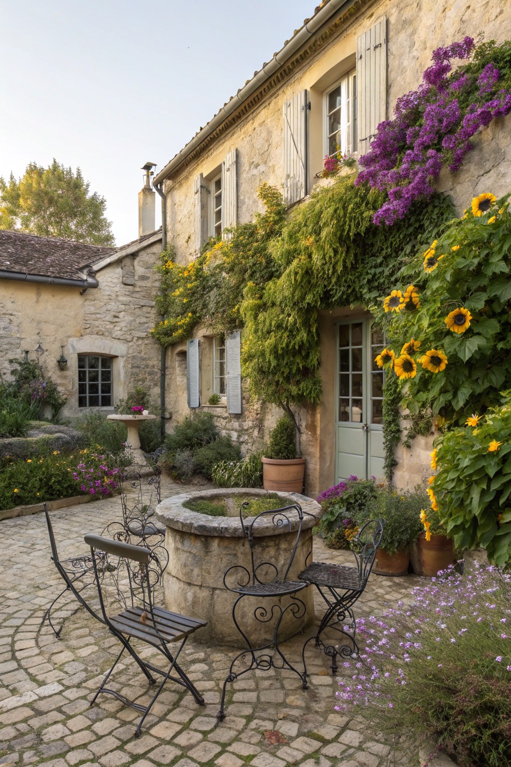 Beige stone house walls covered in climbing green vines, purple flowers, and yellow sunflowers surrounding a cobblestone courtyard patio with stone fountain and black wrought-iron chairs.