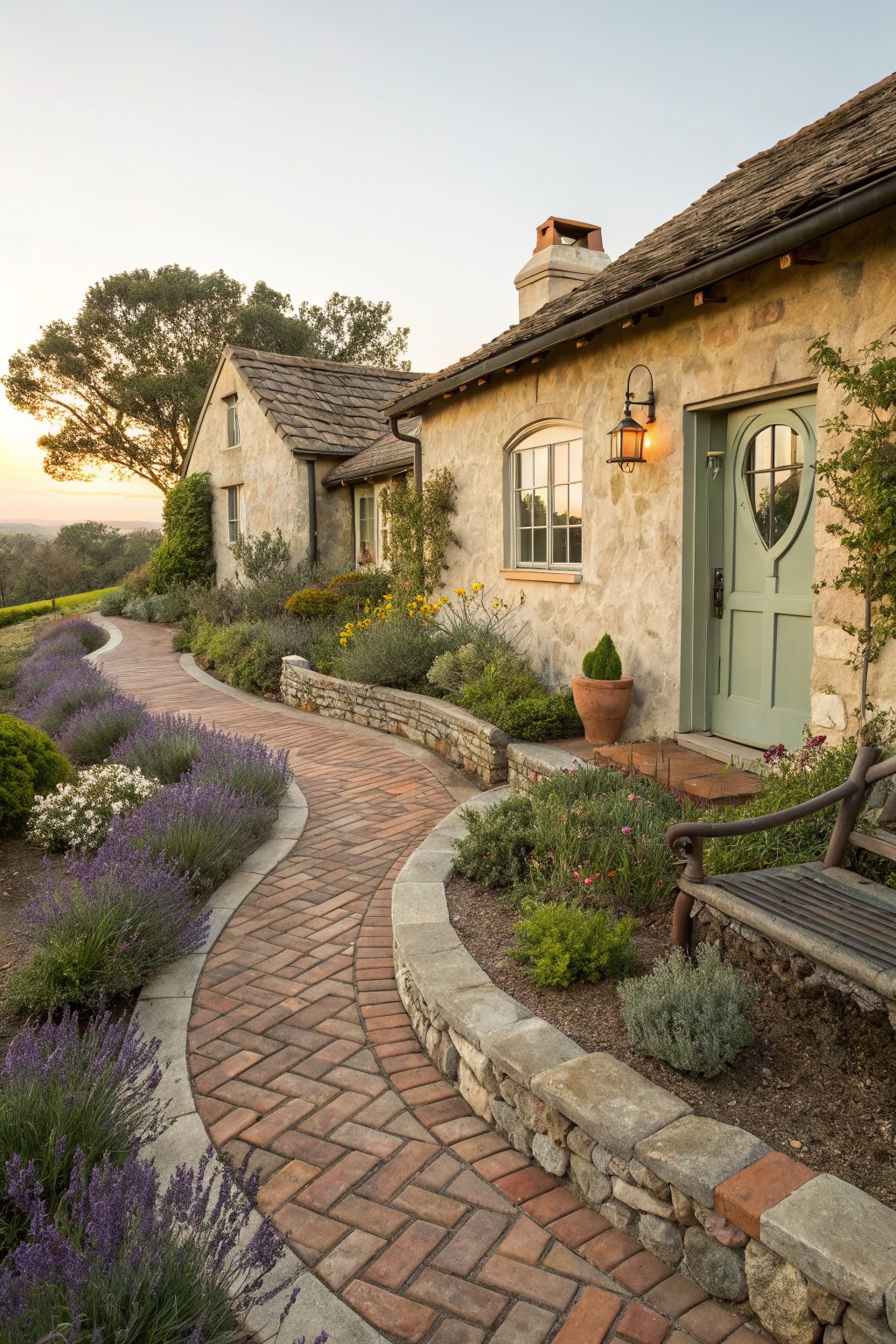 Stone cottage with curved red brick pathway lined by lavender plants and gardens, leading to a green arched door, wooden bench nearby, at dusk with hills in background.