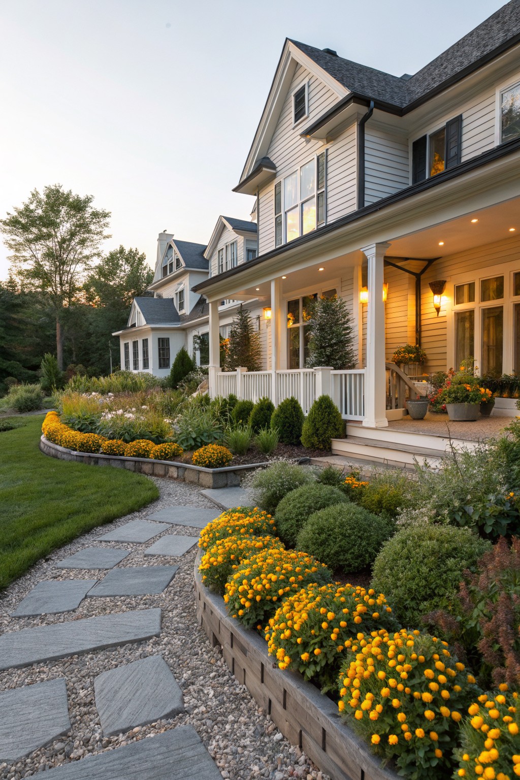 White clapboard house with wraparound porch and lit windows at dusk, viewed from a curving flagstone path lined with raised wooden beds overflowing with yellow chrysanthemum plants, green shrubs, and lawn edging the yard.