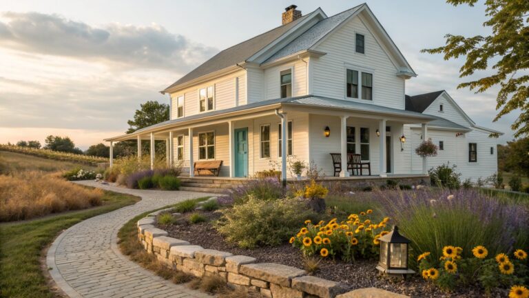 White farmhouse-style house with wraparound porch and turquoise door, approached via gravel path edged by sunflowers, ornamental grasses, lavender, and a stone retaining wall, with hills visible in the background.