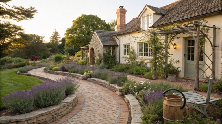 Stone cottage with curved red brick pathway lined by lavender plants and gardens, leading to a green arched door, wooden bench nearby, at dusk with hills in background.