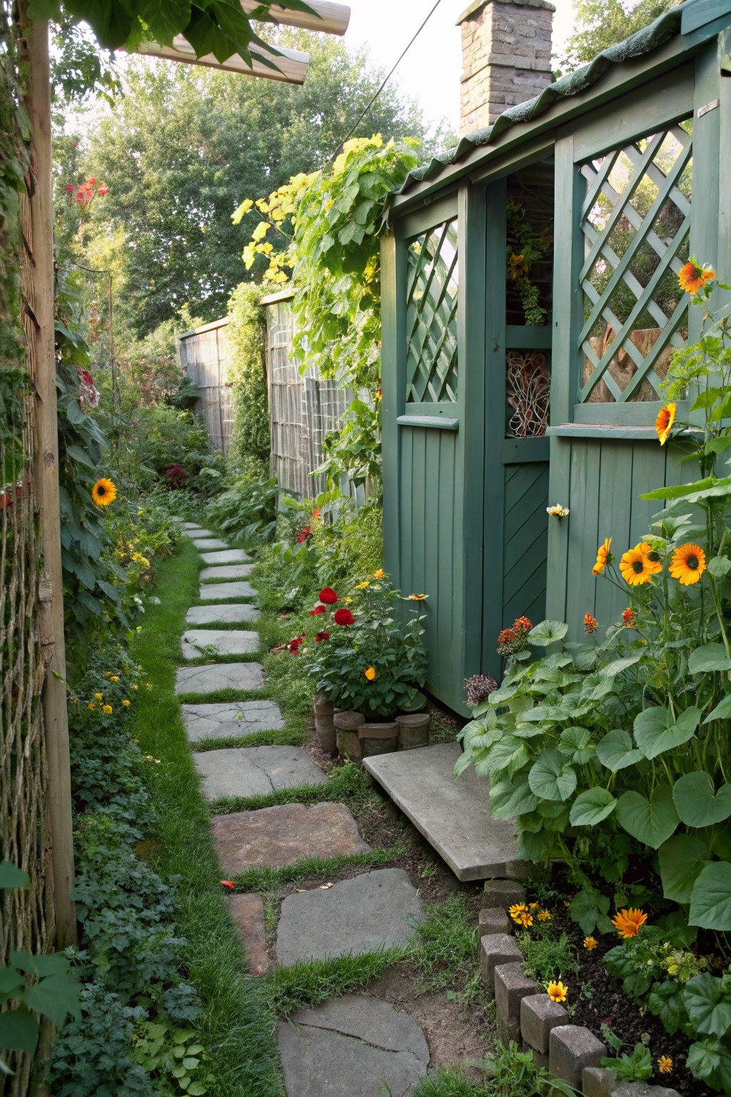 Green wooden garden shed with lattice windows and open doors at the end of a flagstone path through a garden bordered by sunflowers, vines, and other flowers.