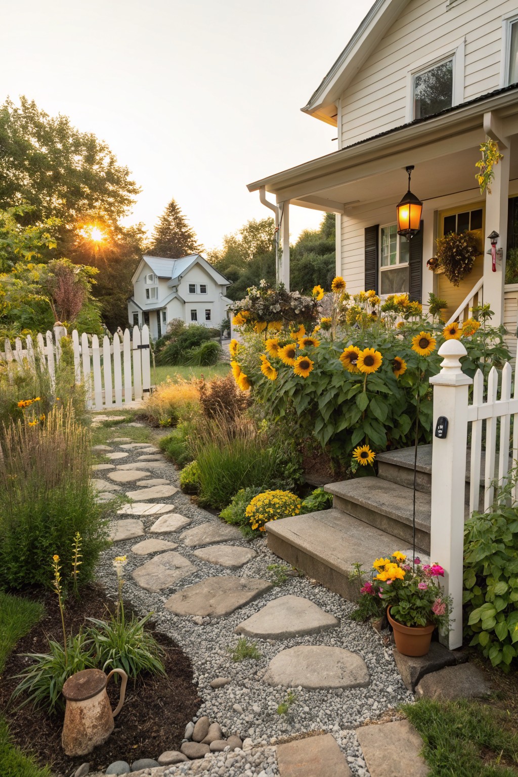White clapboard house with covered porch and steps, approached by winding flagstone path through dense sunflower beds and mixed perennials, white picket fence gate, trees and another house in background at sunset.