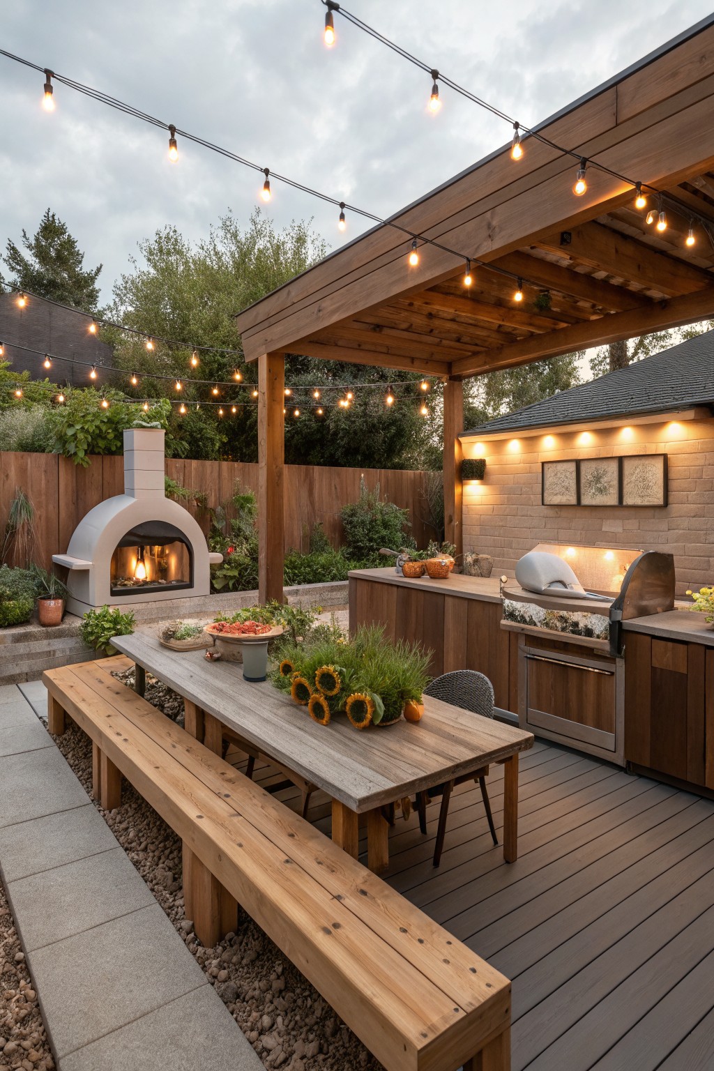 Outdoor patio under a wooden pergola with string lights, featuring a rustic wooden dining table with sunflower bouquet centerpiece, benches, outdoor kitchen with grill and pizza oven, fire pit, and surrounding garden plants.