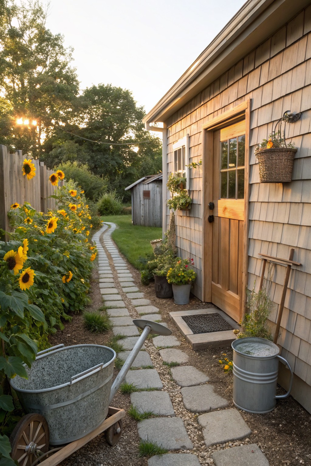 Shingled garden shed with wooden door and window, next to a winding stone path bordered by sunflowers and other plants, with a wheelbarrow, buckets, and potted flowers nearby.