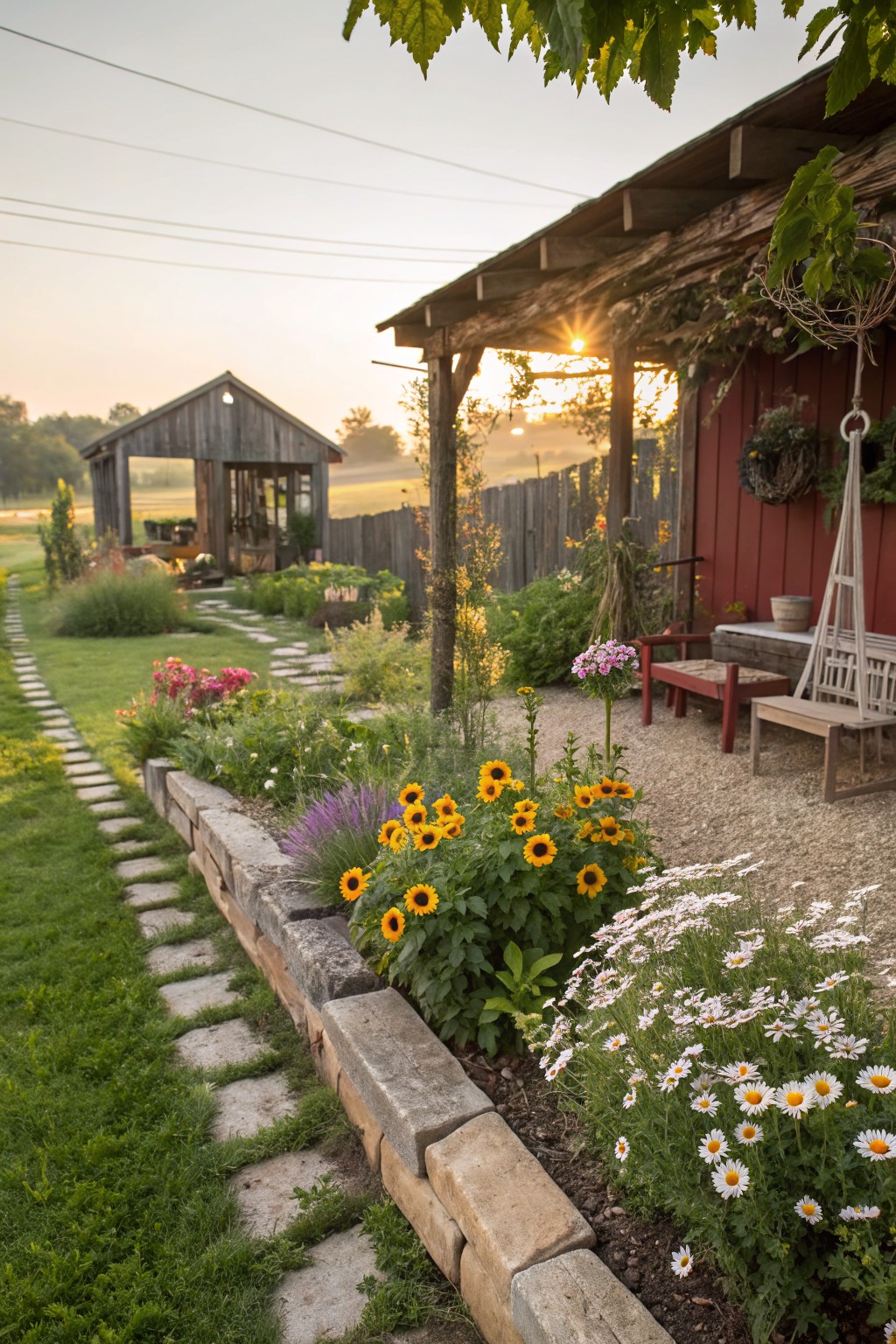 Stone-edged raised flower beds filled with sunflowers, daisies, lavender, and other plants line a stone path leading past a wooden greenhouse to a red shed with a porch, benches, and hanging plants in evening light.