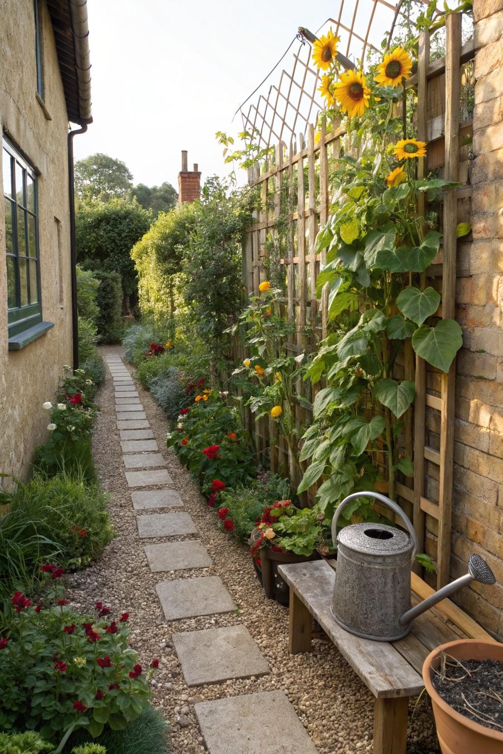 Narrow stone path lined with colorful flowers and plants leading through a garden, with tall sunflowers growing up a wooden trellis on one side, a wooden bench, watering can, and terracotta pot at the end near a stone house wall.