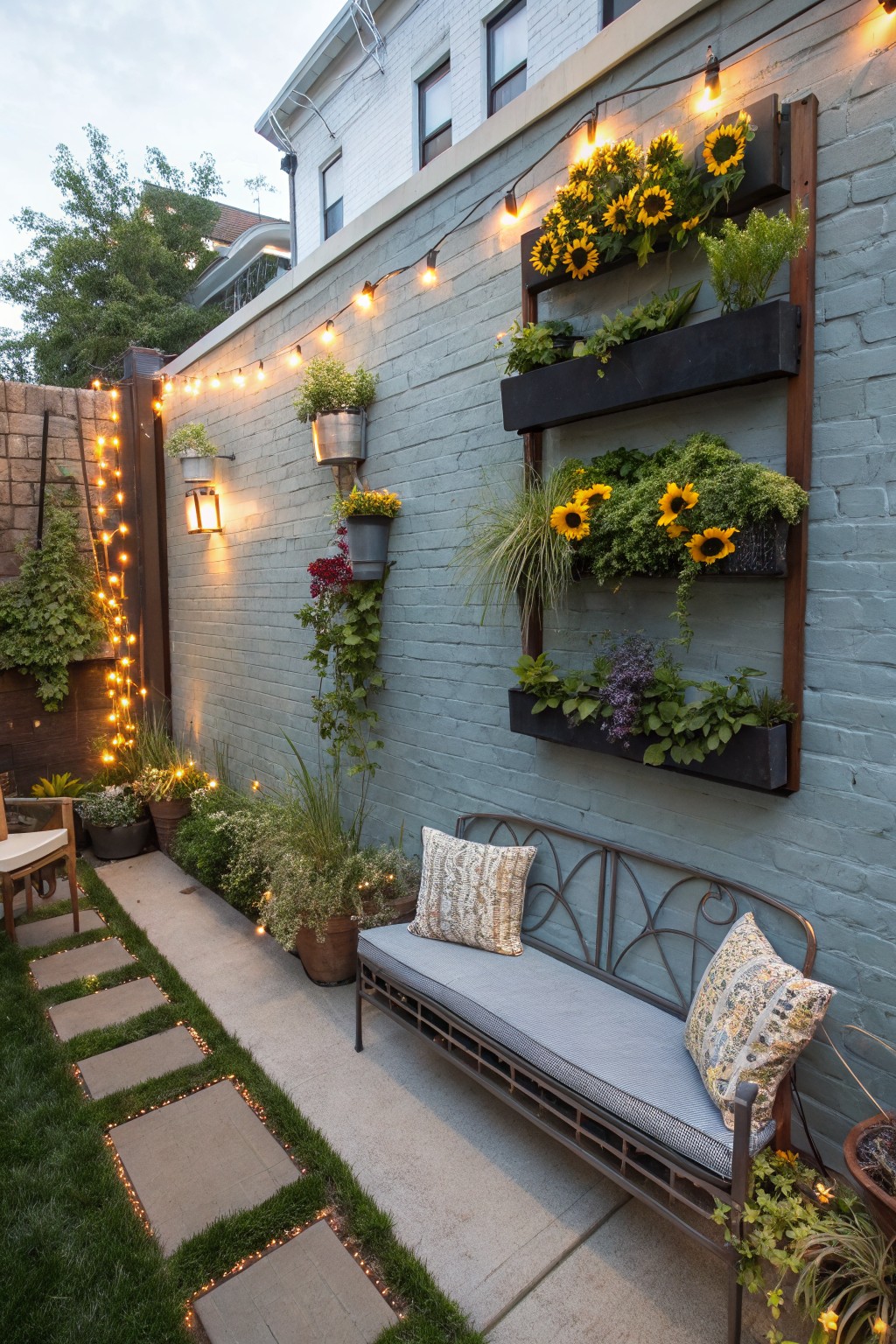 Backyard with a teal brick wall featuring vertical black metal planters filled with sunflowers, herbs, and grasses, string lights draped above and along a stone pathway leading to a metal bench, grass edging the path, and potted plants nearby.