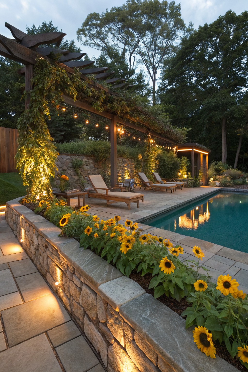Backyard pool with lounge chairs under a vine-draped wooden pergola with string lights, dense sunflowers planted in raised beds along a lit stone retaining wall, trees and shrubs in the background at dusk.