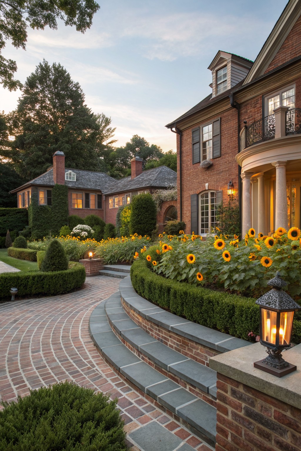 Brick home with curved brick pathway and steps leading to columned porch entrance, bordered by massed sunflowers and boxwood hedges, lit by lanterns at dusk.