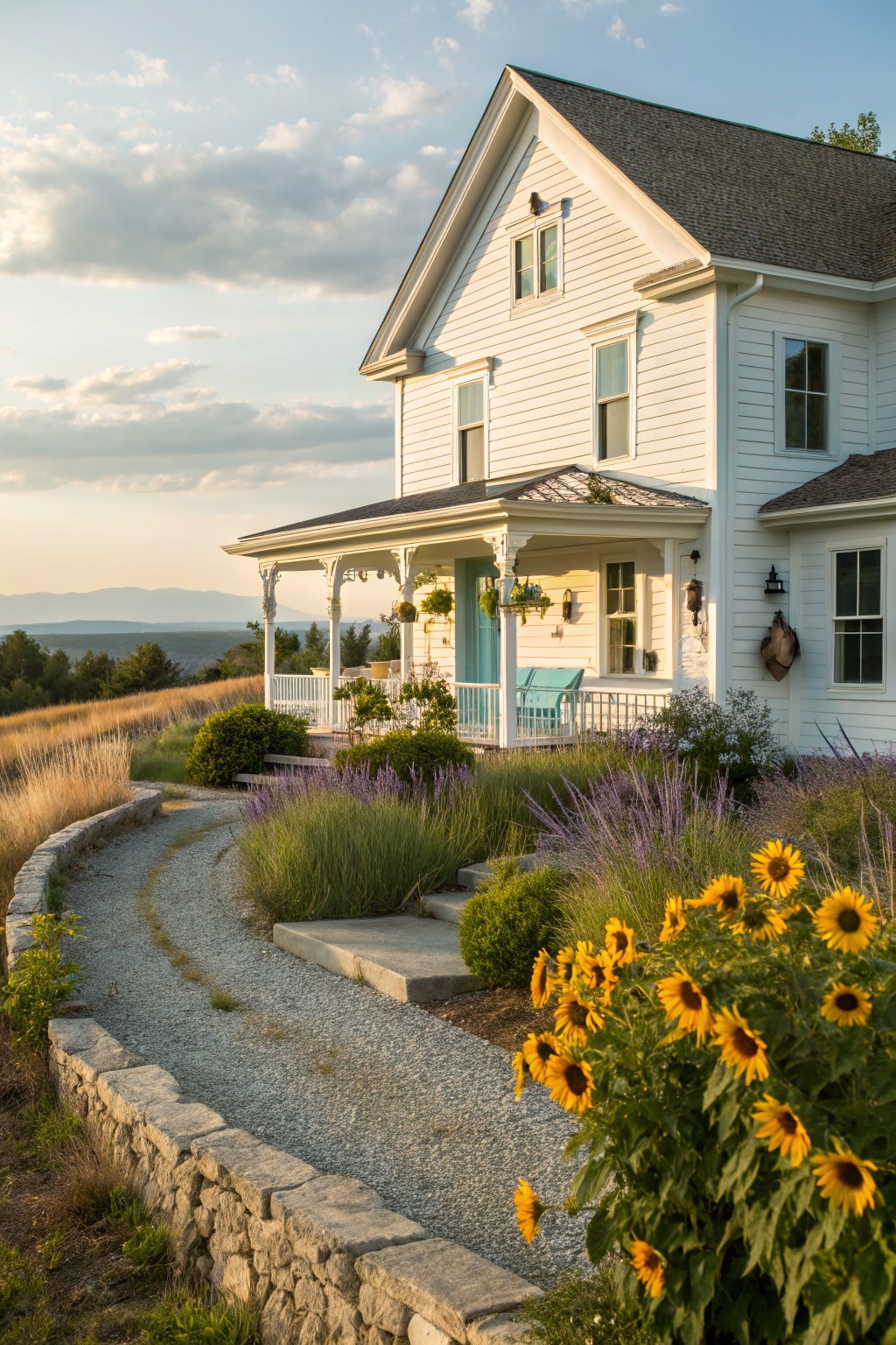 White farmhouse-style house with wraparound porch and turquoise door, approached via gravel path edged by sunflowers, ornamental grasses, lavender, and a stone retaining wall, with hills visible in the background.
