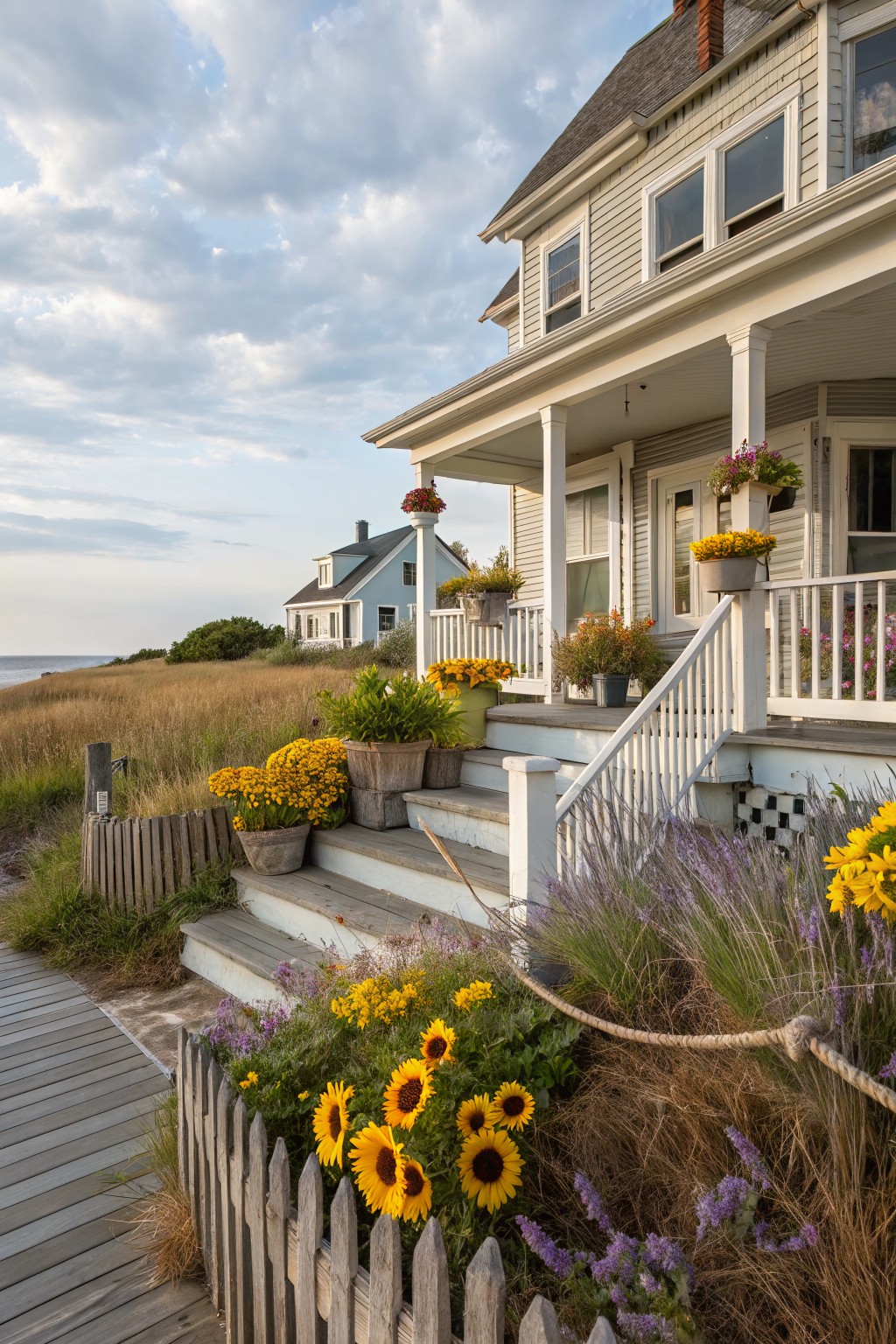 White clapboard house with wraparound porch and stairs lined with yellow sunflowers in wooden pots and ground beds, next to a wooden boardwalk path amid beach grasses and dunes.