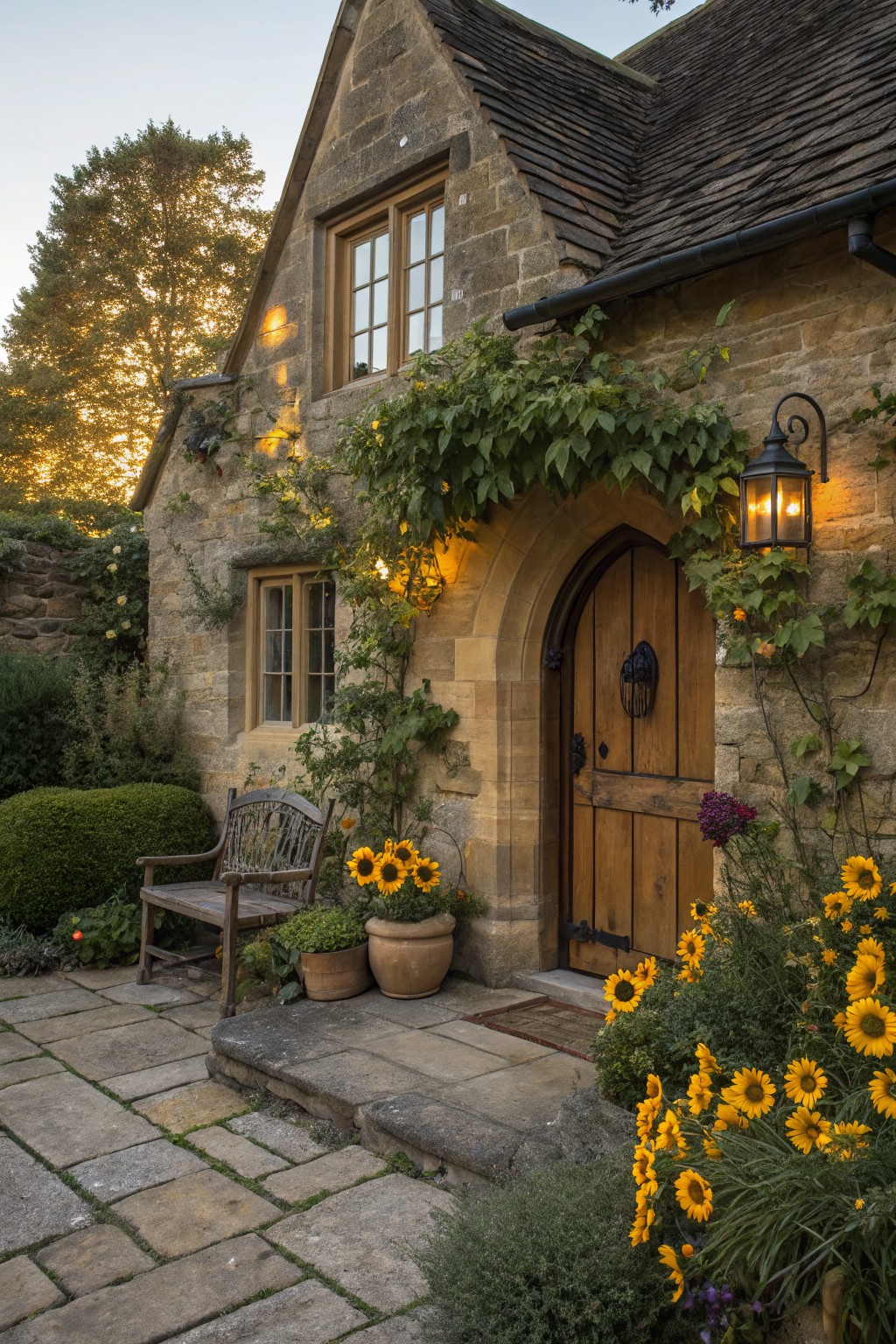 Stone cottage with arched wooden door, ivy on walls, lanterns lit at dusk, wooden bench, potted plants, and clusters of sunflowers on stone patio steps.