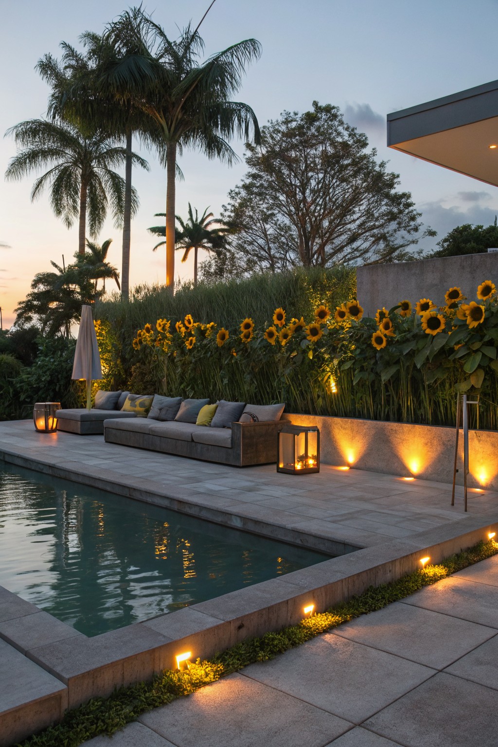 Poolside patio at dusk with gray sofa, lanterns, umbrella, and dense yellow sunflowers along a concrete wall, palm trees and pool in foreground.