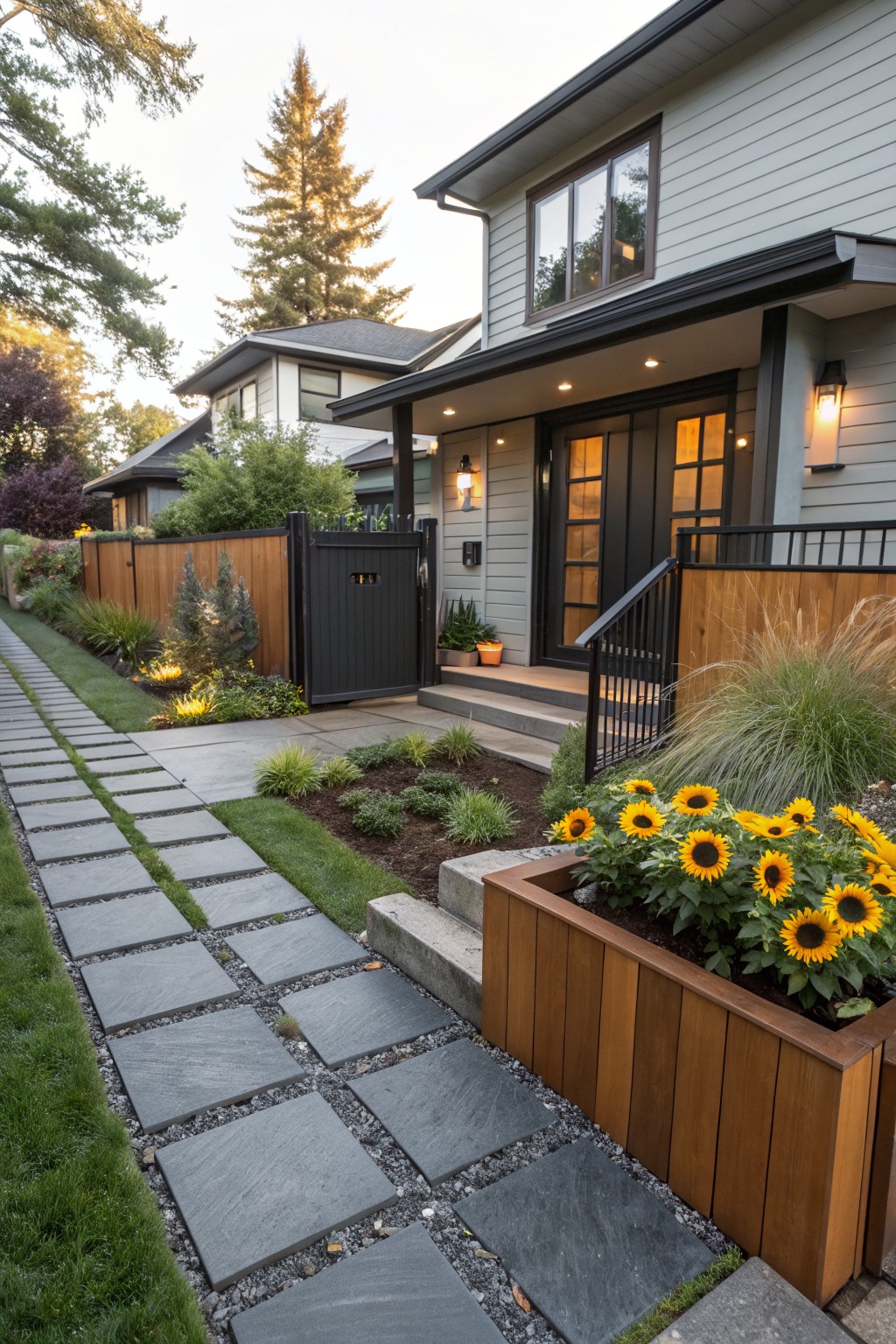 Gray stone pavers form a walkway bordered by grass and a wooden raised planter box filled with yellow sunflowers, leading to a gray house with a black front door, wooden fence gate, and landscaping plants.