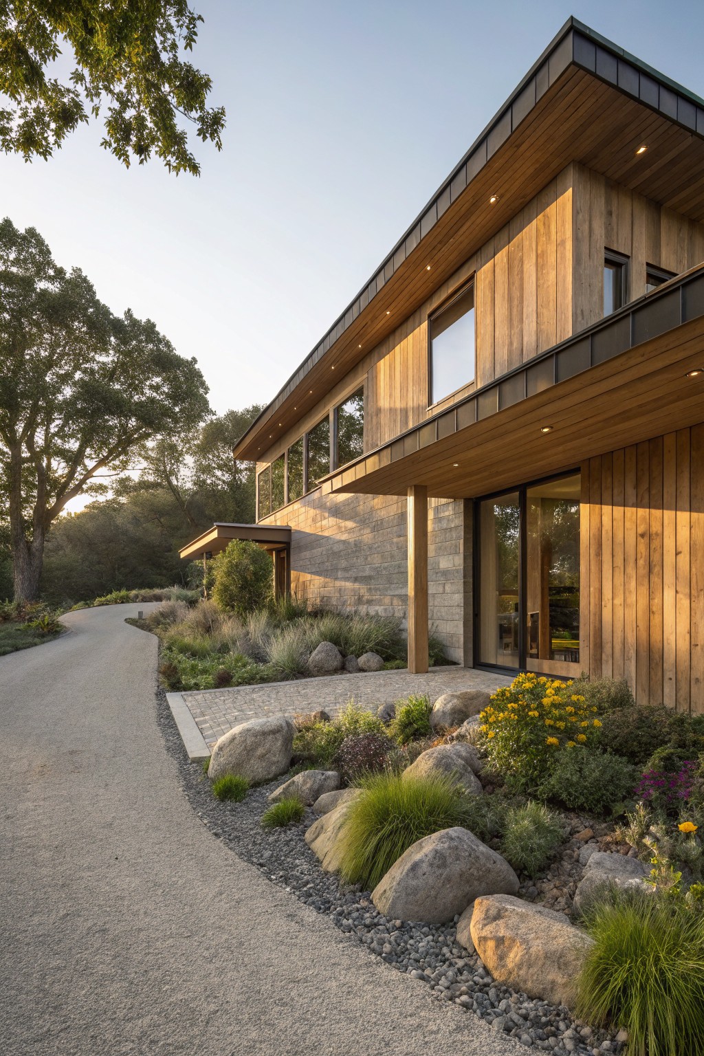 Modern house with wood siding and stone base beside a curved gravel driveway edged by boulders, grasses, and yellow sunflower clusters under oak trees.