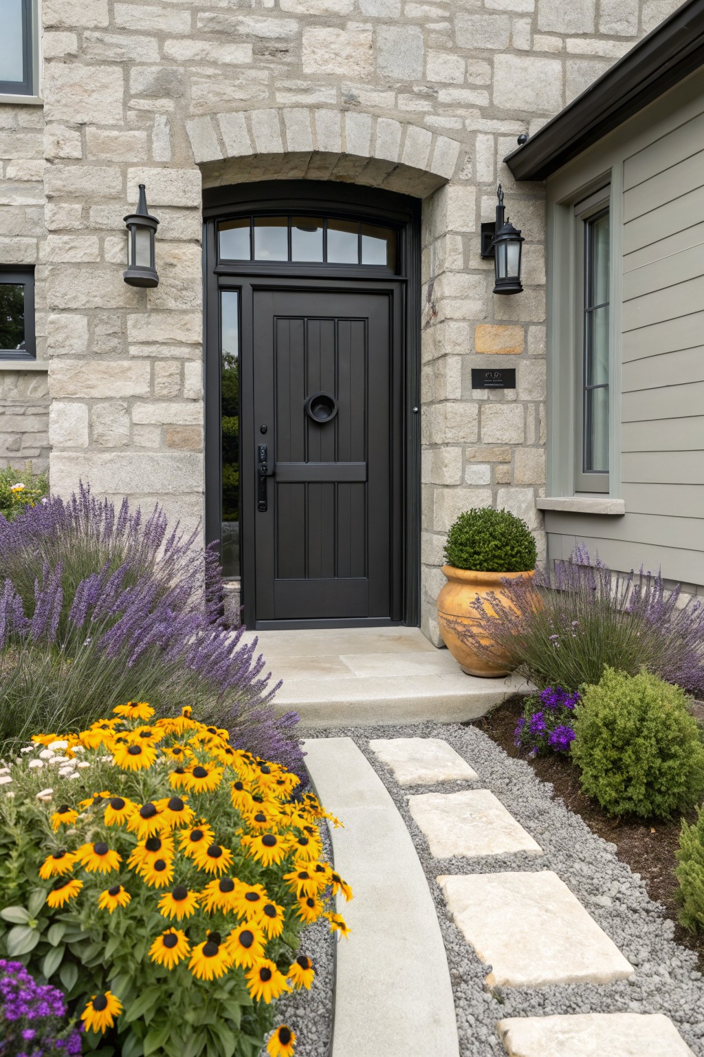 Stone house facade with arched black front door, stone pathway curving through landscaped beds of yellow sunflowers, purple lavender, potted plants, and gravel edging.