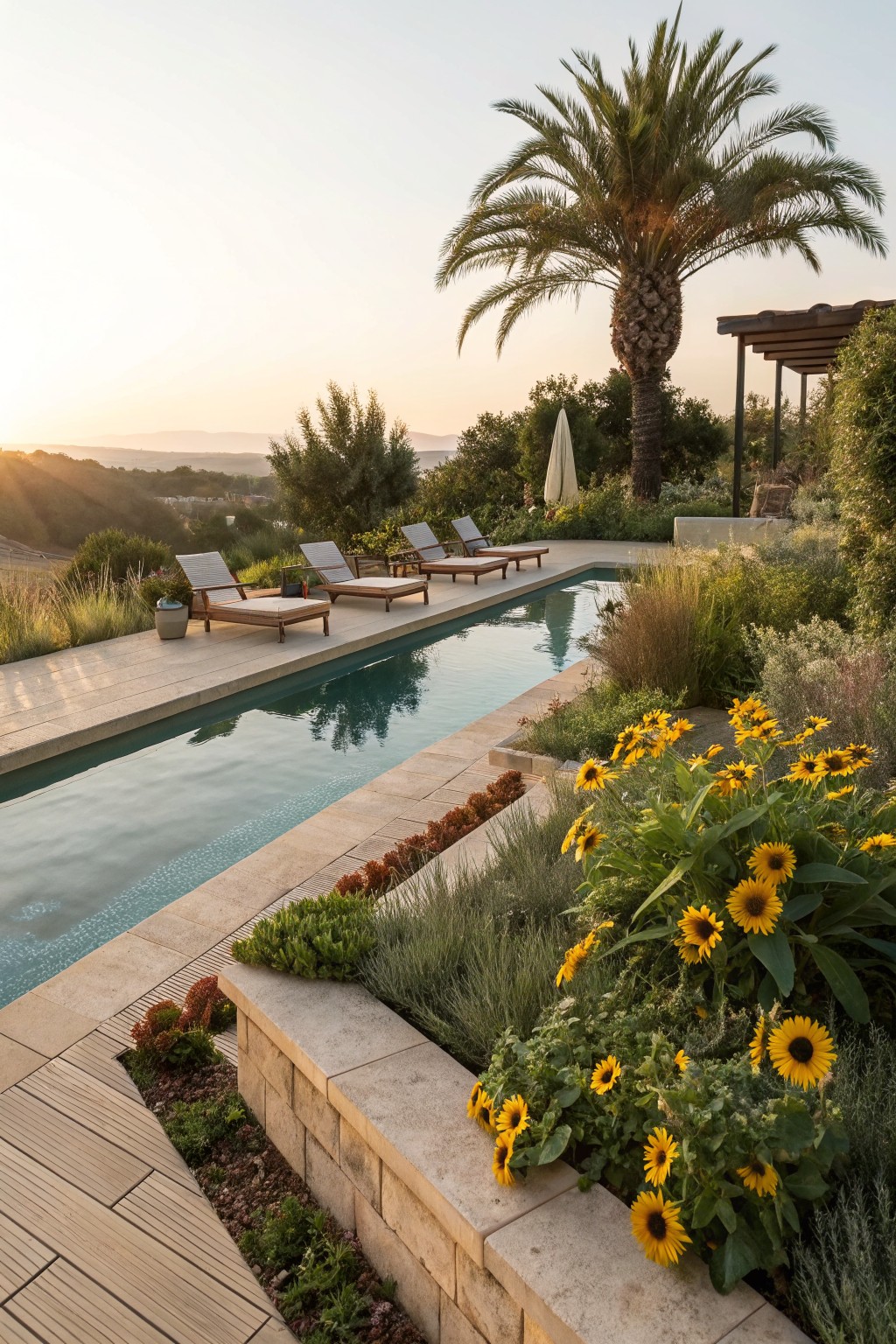 A narrow infinity-edge pool with wooden chaise lounges on a light stone deck, bordered by clusters of yellow sunflowers and grasses in raised beds, with palm trees, shrubs, and distant hills at sunset.