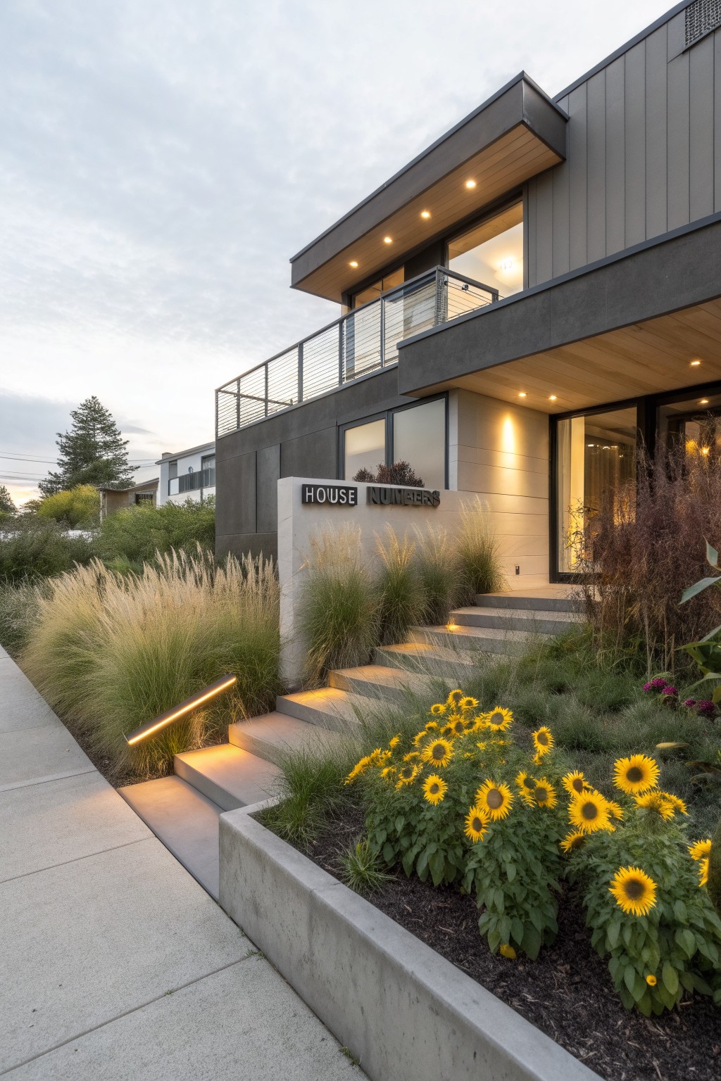 Modern house facade in gray with concrete entry steps flanked by beds of yellow sunflowers and tall ornamental grasses, warm path lighting, and a 