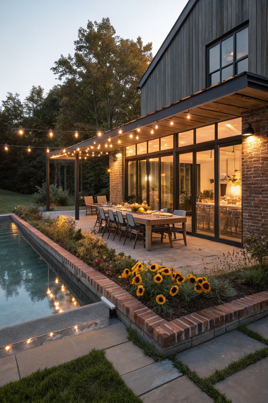 Modern house exterior at dusk with covered patio, wooden dining table set for meal, large glass doors, narrow pool bordered by brick planters with sunflowers, string lights overhead, and wooded background.