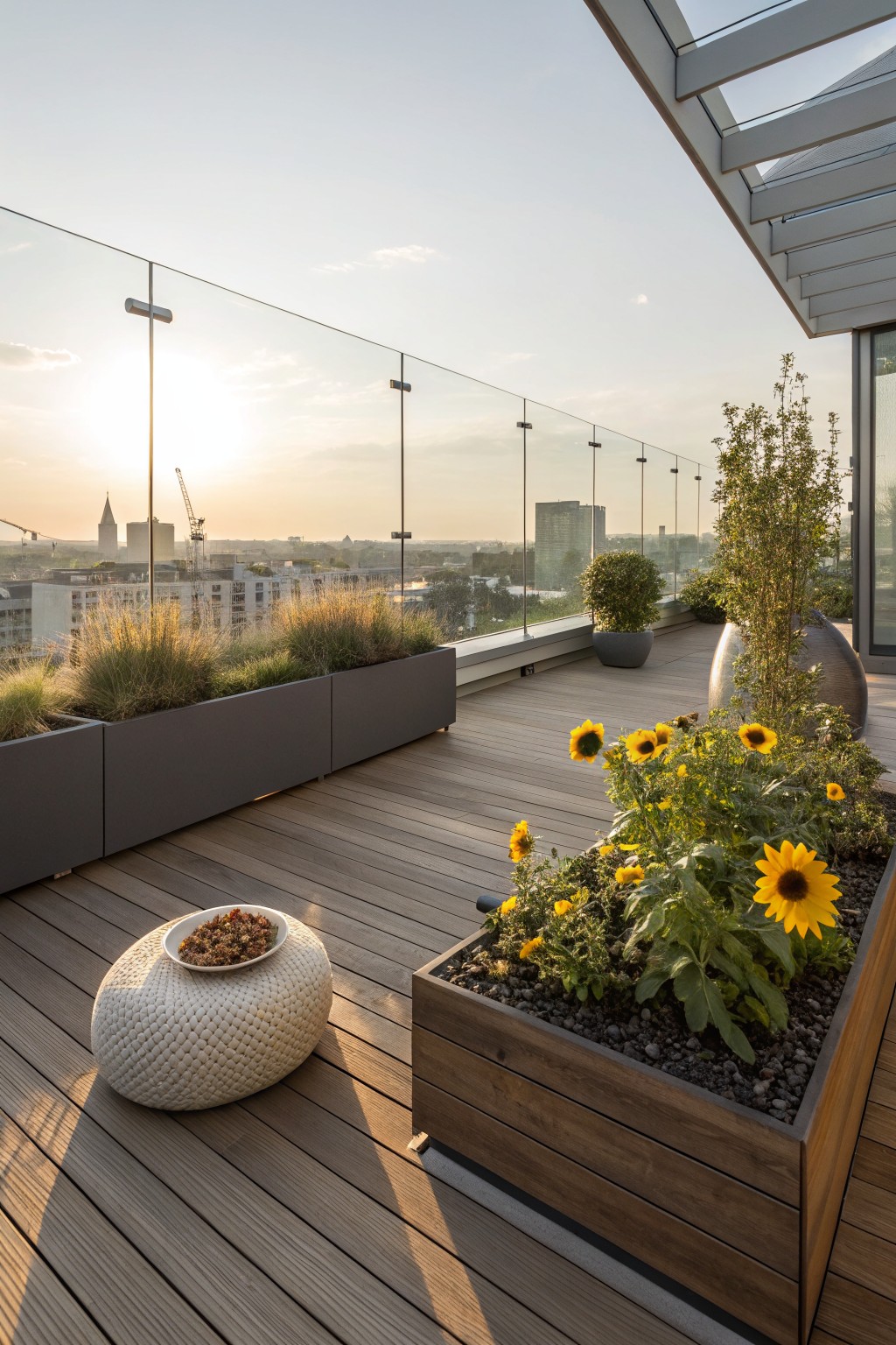 Rooftop balcony deck with glass railings, large gray and wooden planters containing sunflowers, ornamental grasses, potted trees, white pouf stool holding a bowl of food, and cityscape view at sunset.