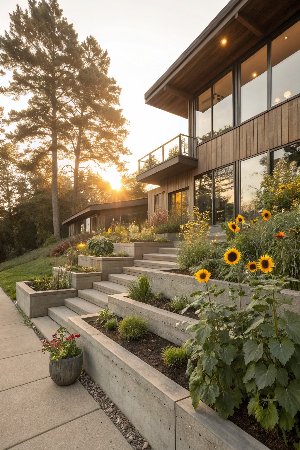 Wood-clad modern house on a slope with terraced concrete steps integrated with rectangular planters containing sunflowers, grasses, and other plants, tall pine trees in the background at sunset.