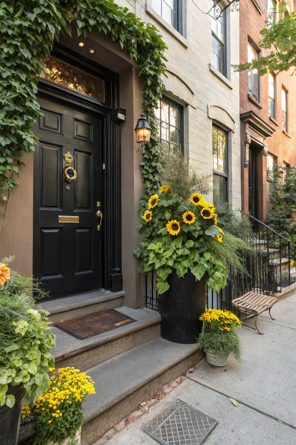 Townhouse entrance with ivy on light stone and brick walls, black door with gold knocker, lantern light, large black pots of sunflowers flanking stone steps, and smaller yellow flower pots nearby.