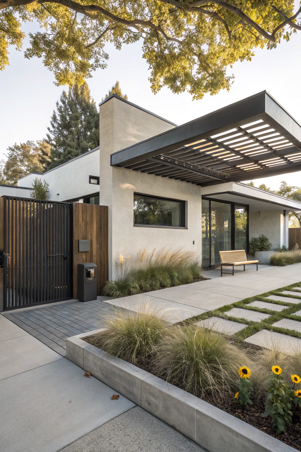 Modern stucco house with black metal gate, courtyard patio, wooden bench, concrete pavers, tall grasses, and sunflowers in a raised concrete bed along the sidewalk.