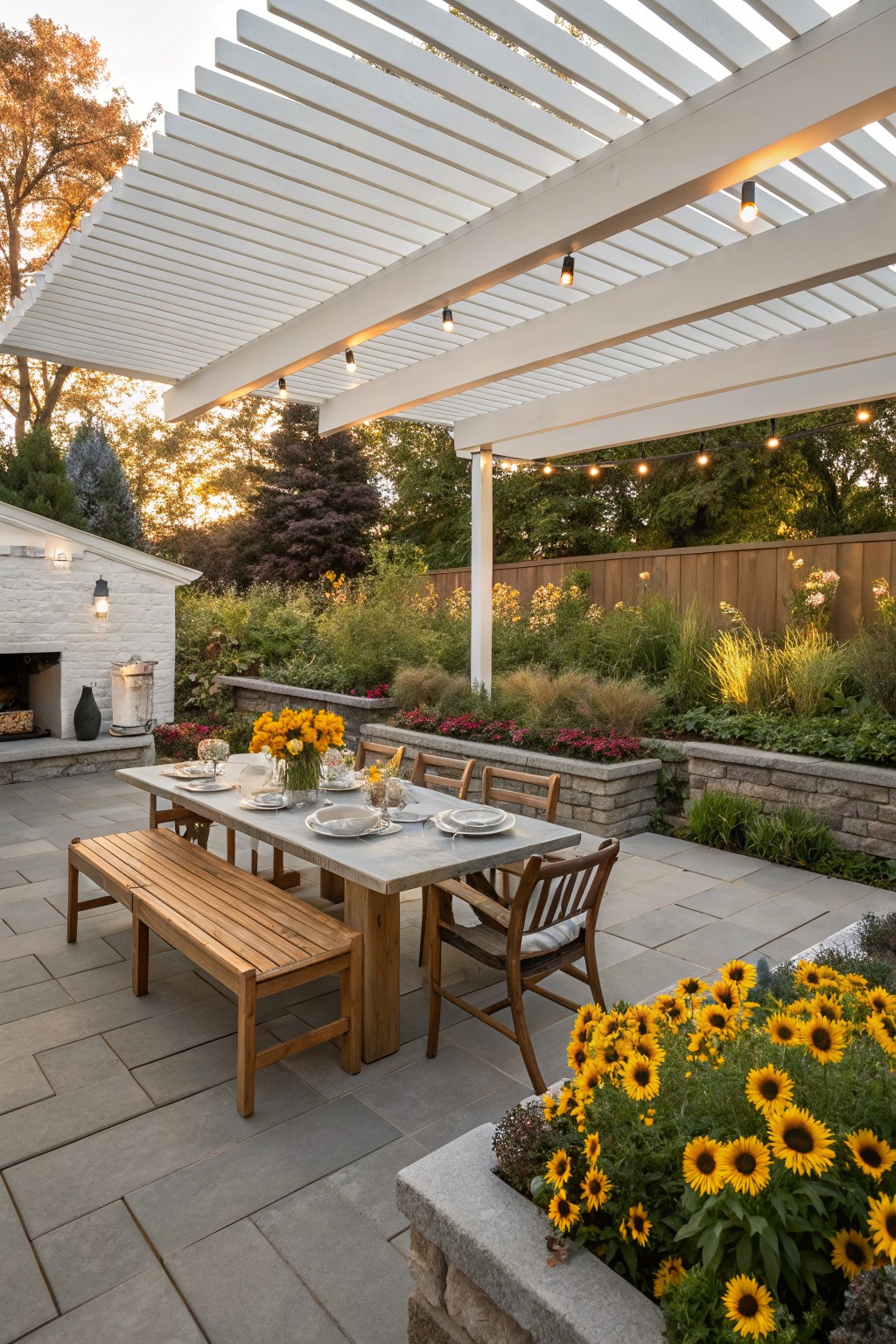 Outdoor dining patio with a gray wooden table, benches, and chairs under a white slatted pergola with string lights, bordered by raised stone beds of yellow sunflowers and other plants, brick outdoor fireplace nearby.