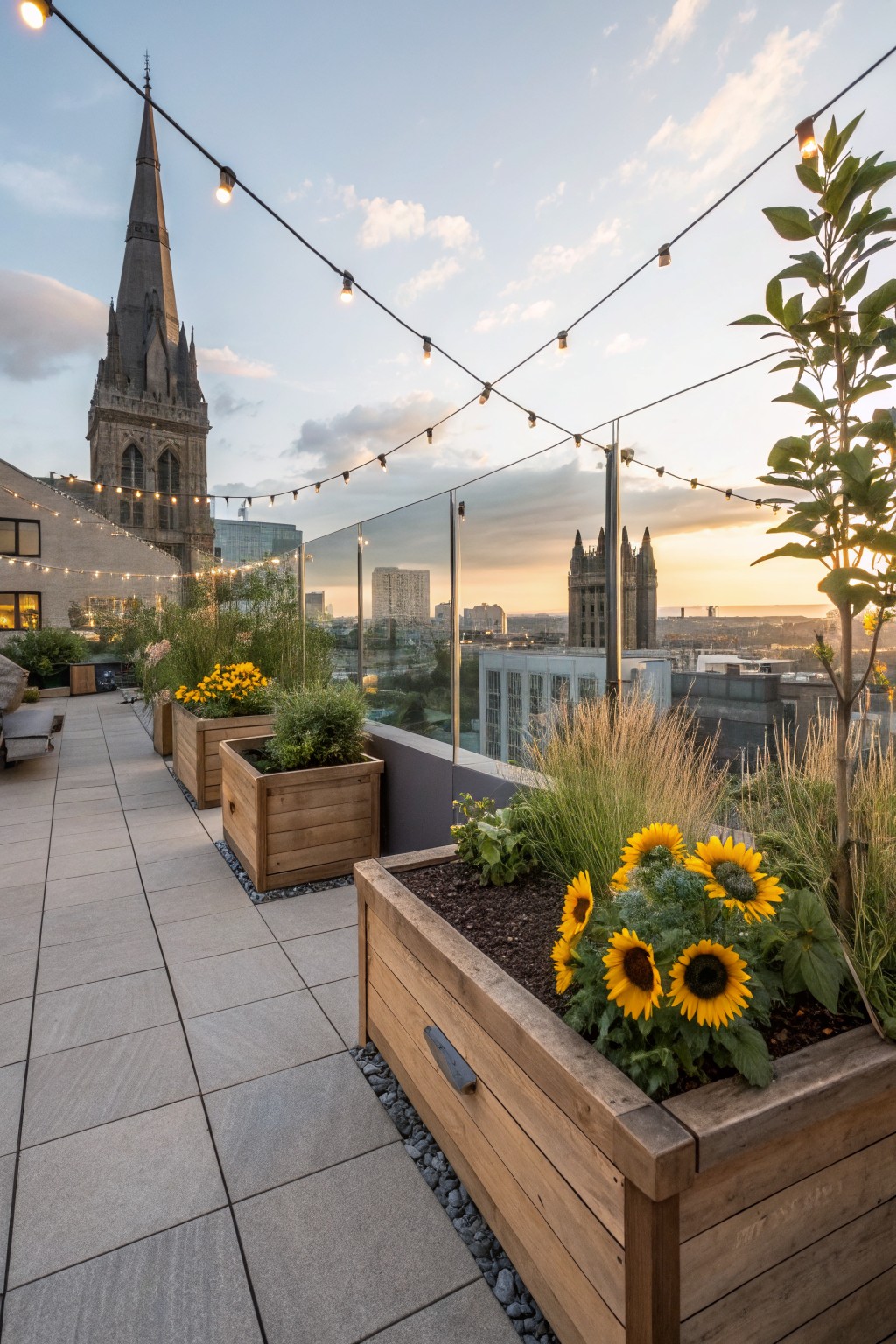 Rooftop terrace with wooden raised planters containing sunflowers and other plants, string lights overhead, glass railings, lounge seating, and a sunset city view with church spires.