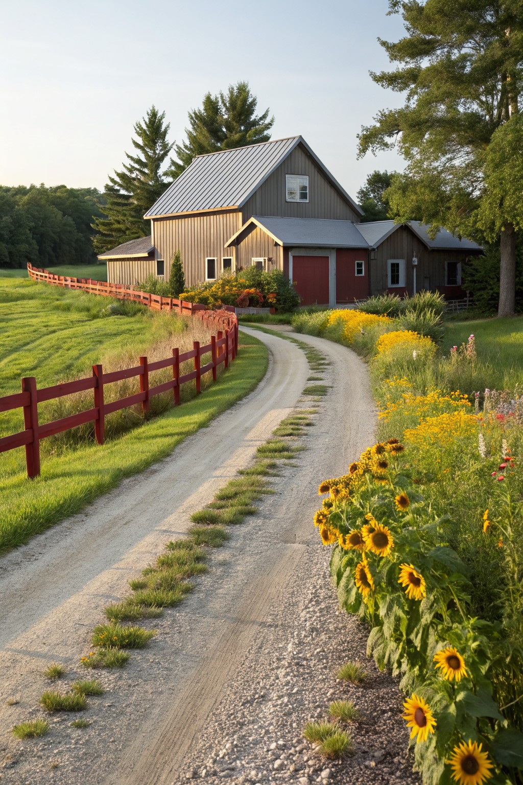 Barn-style house with gray metal roof and wood siding at the end of a curved gravel driveway bordered by clusters of sunflowers and wildflowers, red rail fence along green field.