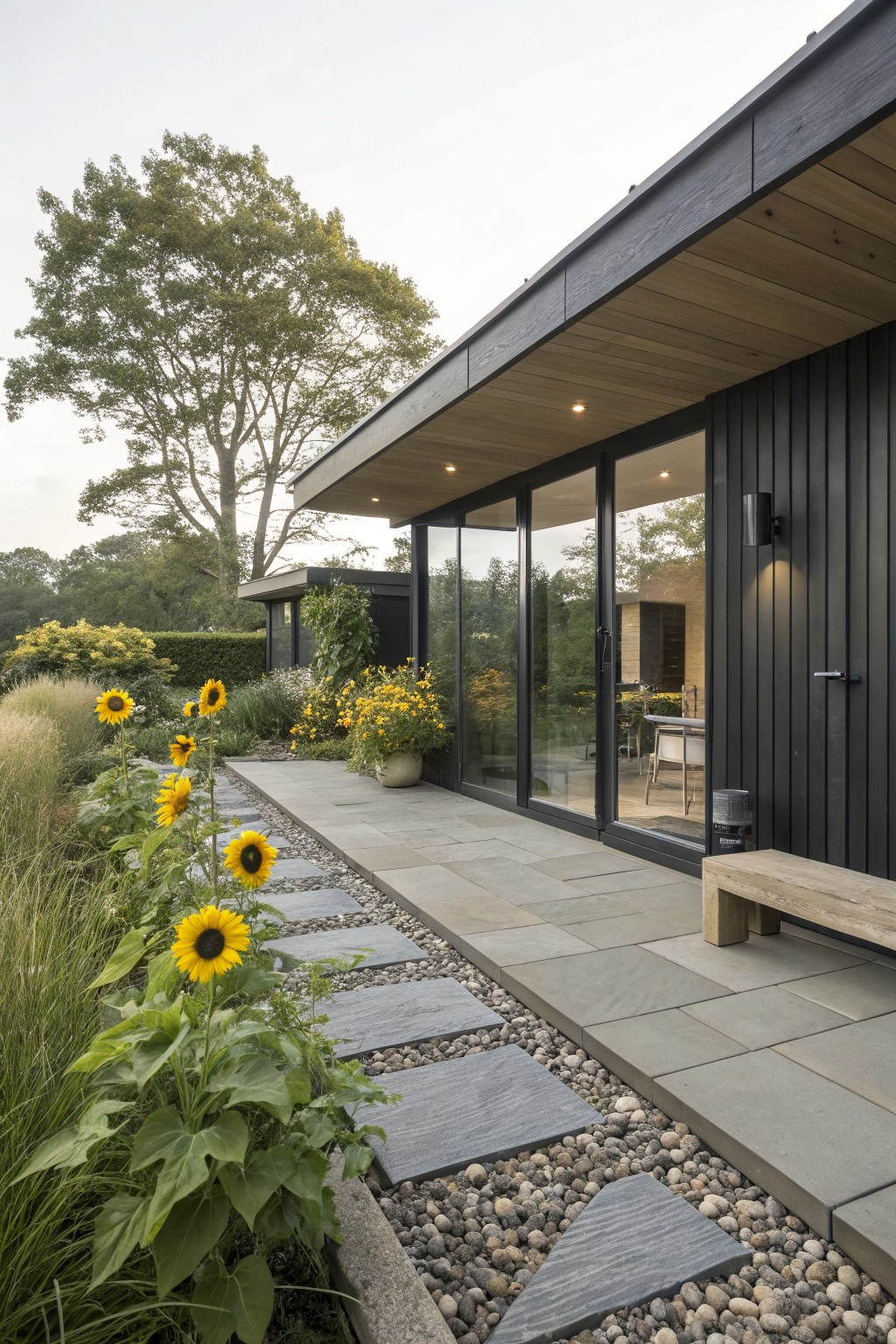 Modern black wood-clad house with overhanging wooden roof, sliding glass doors opening to a patio, and a stone stepping path edged by tall sunflowers, ornamental grasses, and gravel beds.