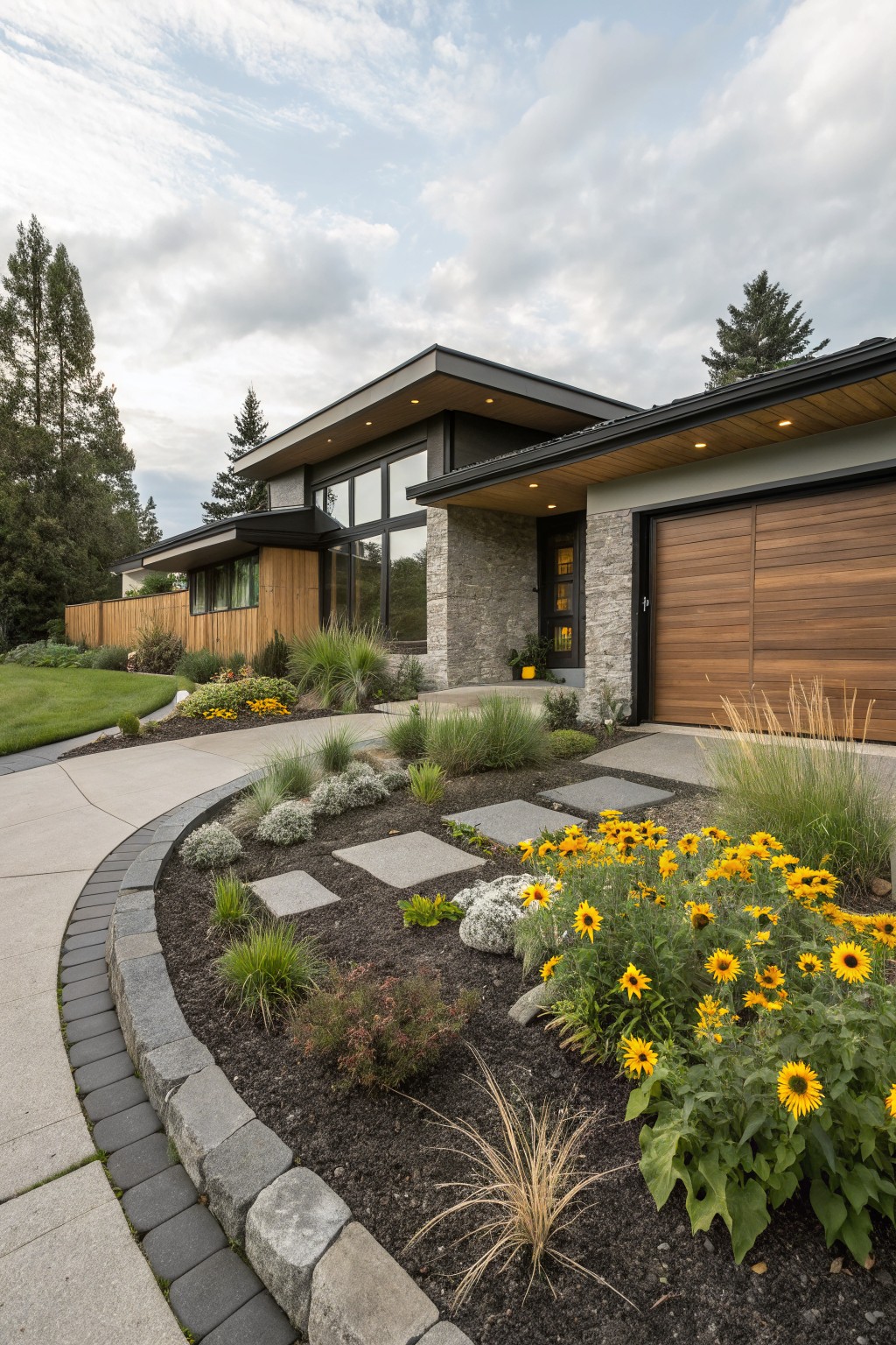 Modern house exterior featuring a curved concrete pathway bordered by a mulched bed of yellow sunflowers, ornamental grasses, and stone edging, with a wooden garage door and large windows visible.