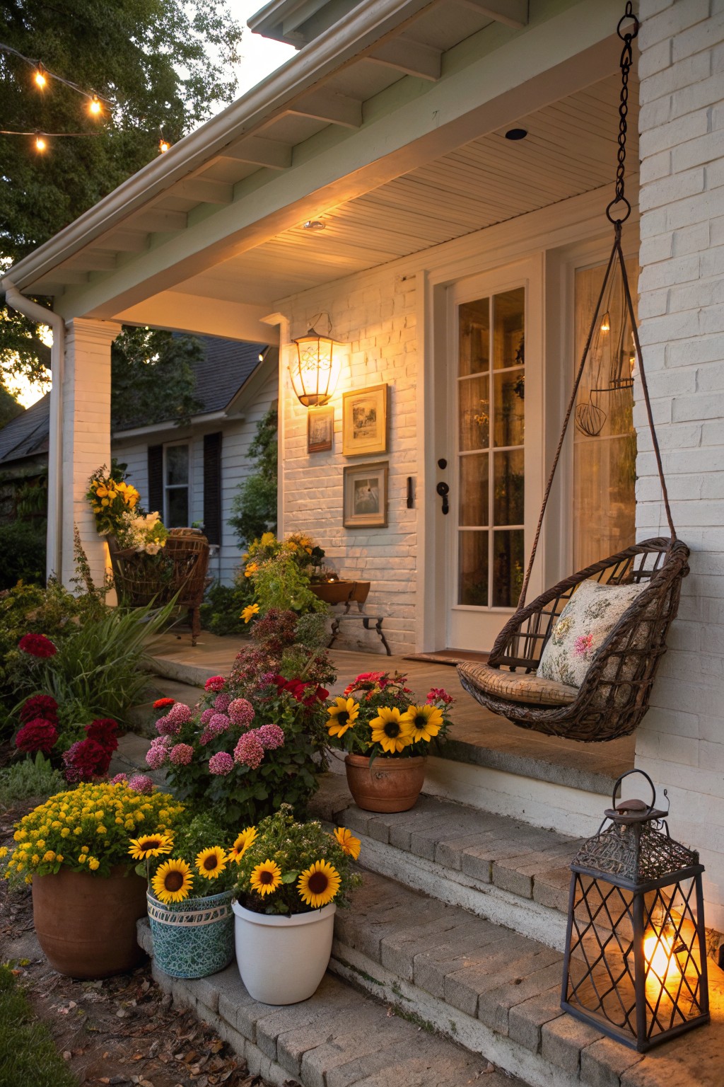 White brick house front porch with steps lined by large and small pots of sunflowers and colorful flowers, a hanging rattan swing, potted plants, lanterns, and string lights in evening glow.
