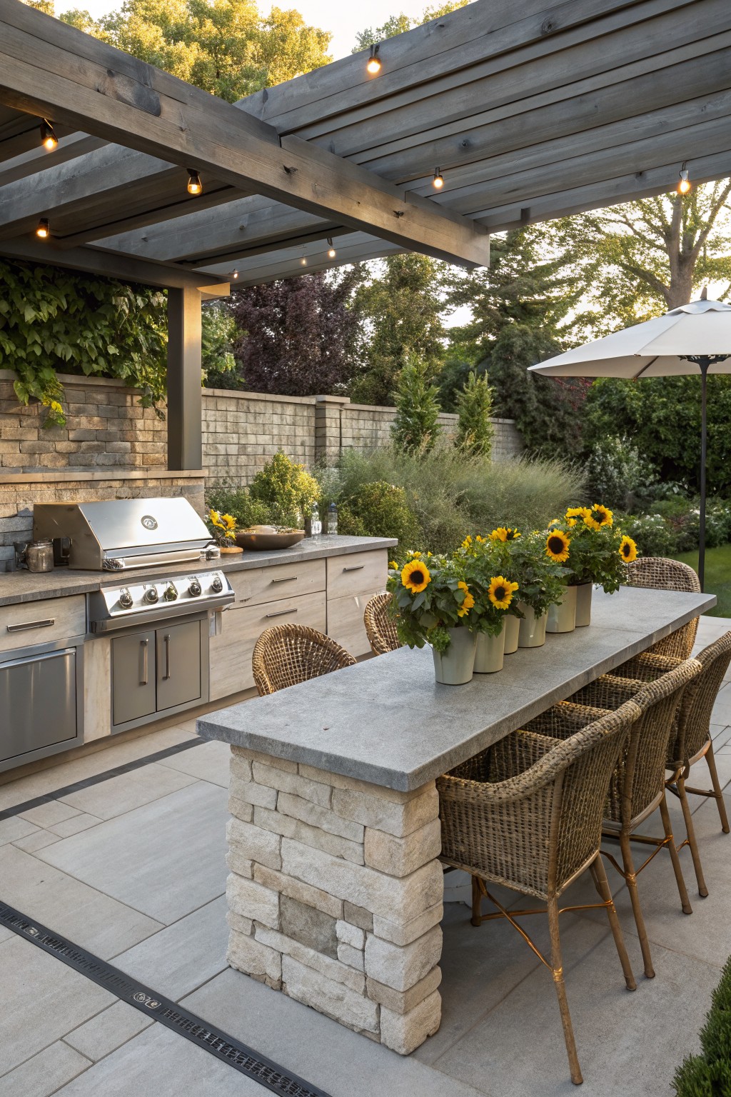Outdoor kitchen island with built-in stainless steel grill and concrete-topped dining table lined with multiple pots of sunflowers, surrounded by wicker chairs under a wooden pergola with string lights.