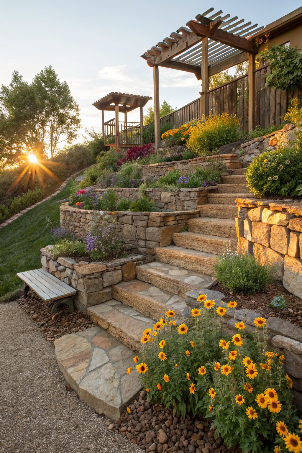 A sloped backyard with terraced stone retaining walls forming flower beds full of sunflowers and other plants, stone stairs leading up to pergolas and a house, a wooden bench, gravel path, and sunset lighting.