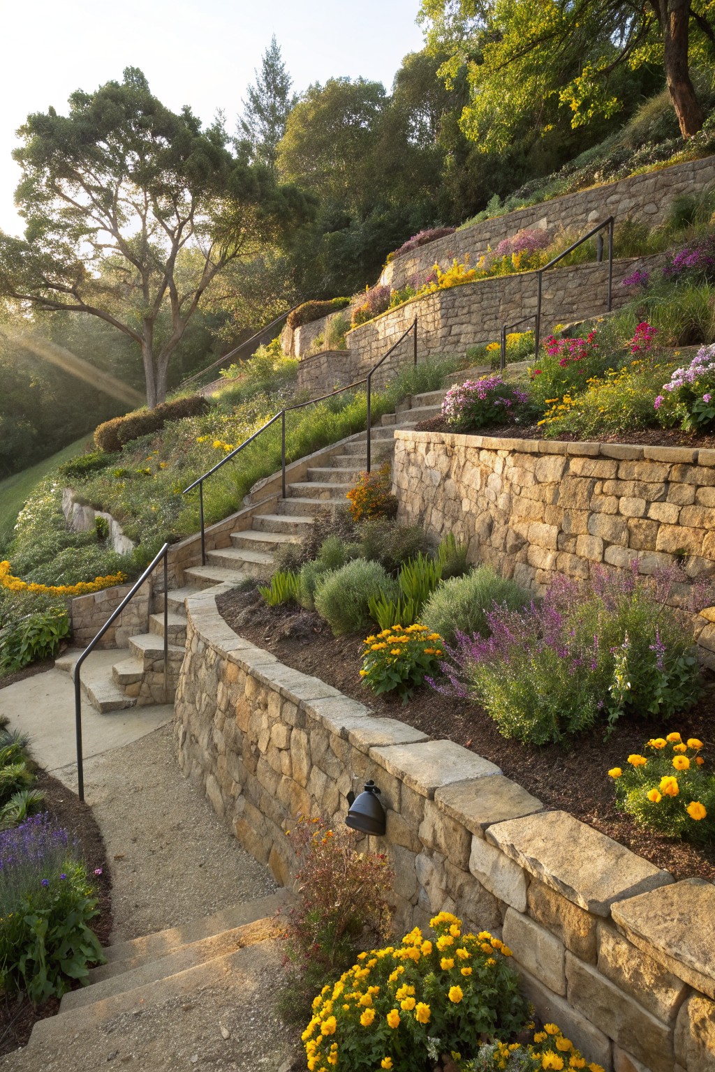 Stone retaining walls forming terraced flower beds and stairs on a wooded hillside, with yellow marigolds, purple flowers, and green shrubs.