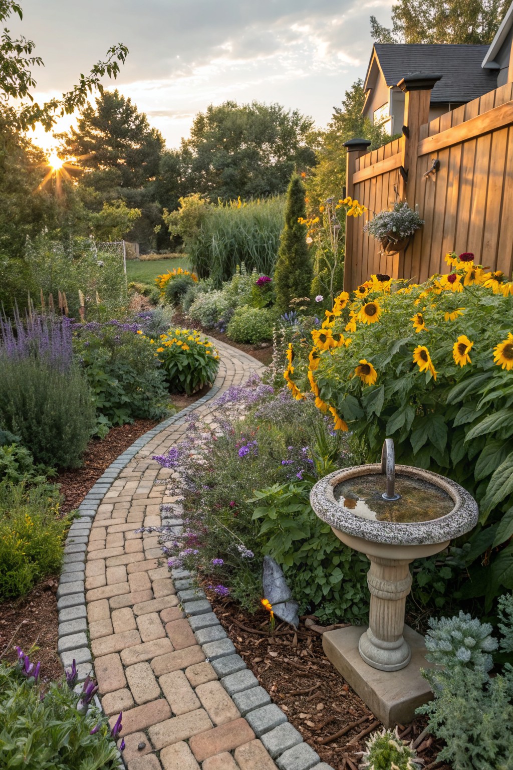 Winding brick pathway curves through garden beds filled with sunflowers, lavender, hostas, a stone birdbath, wooden fence, and house visible in background at sunset.