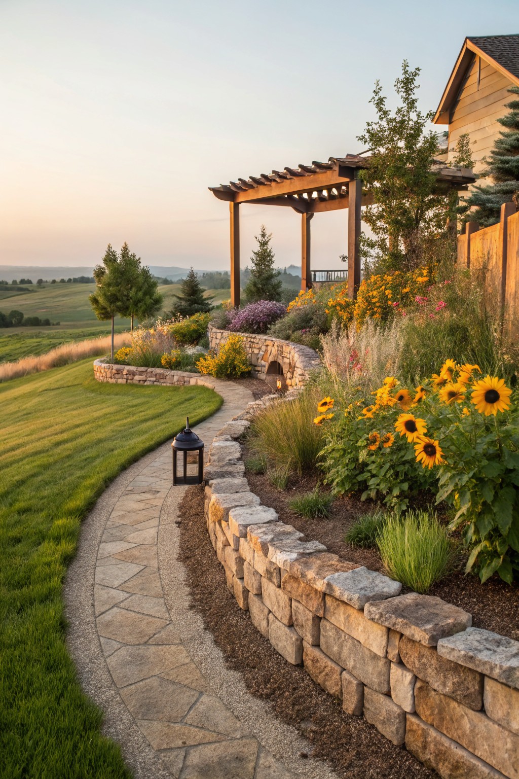 Curved flagstone path runs alongside a low dry-stacked stone retaining wall planted with sunflowers, ornamental grasses, and perennials on a grassy hillside near a wooden pergola and house.