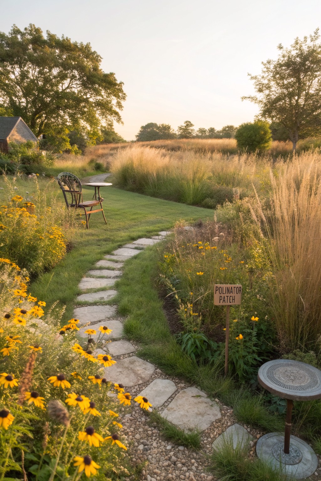 Irregular stone pavers form a winding path through garden beds filled with yellow black-eyed Susan flowers, tall ornamental grasses, and a 