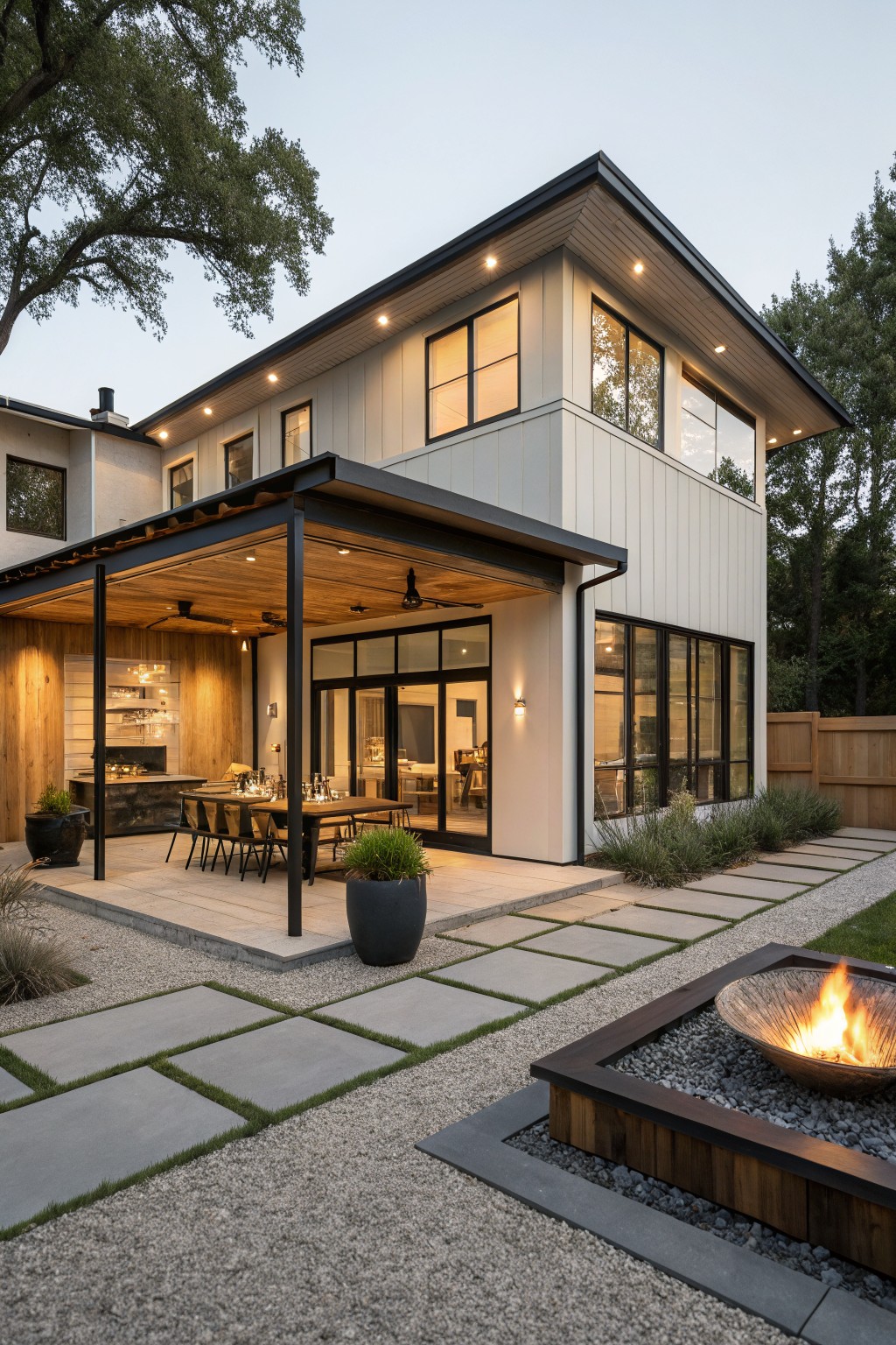 White two-story modern house with vertical siding, black-framed windows, covered patio with wooden beams and ceiling, outdoor dining table, paver pathway through gravel and plants, and a square fire pit.