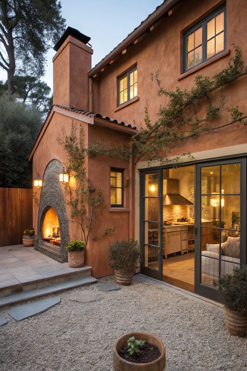 Backyard patio of a terracotta stucco house featuring a lit outdoor fireplace built into the wall, large glass doors to the kitchen, climbing vines, potted plants, gravel ground, and wall lanterns at dusk.
