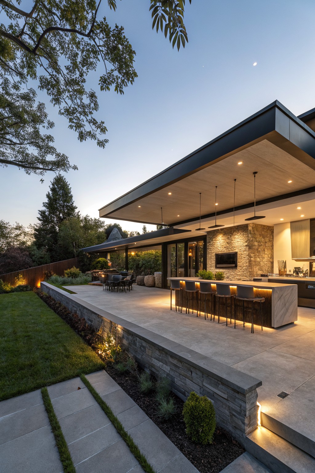 Modern house exterior with covered patio featuring an outdoor kitchen bar, pendant lights, stone retaining wall, landscaping, grass lawn, and stone pathway at dusk.