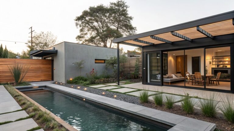 Modern black house with glass doors and covered patio overlooking a long narrow pool surrounded by stone pavers, gravel paths, tall grasses, shrubs, and a wooden fence with trees beyond.